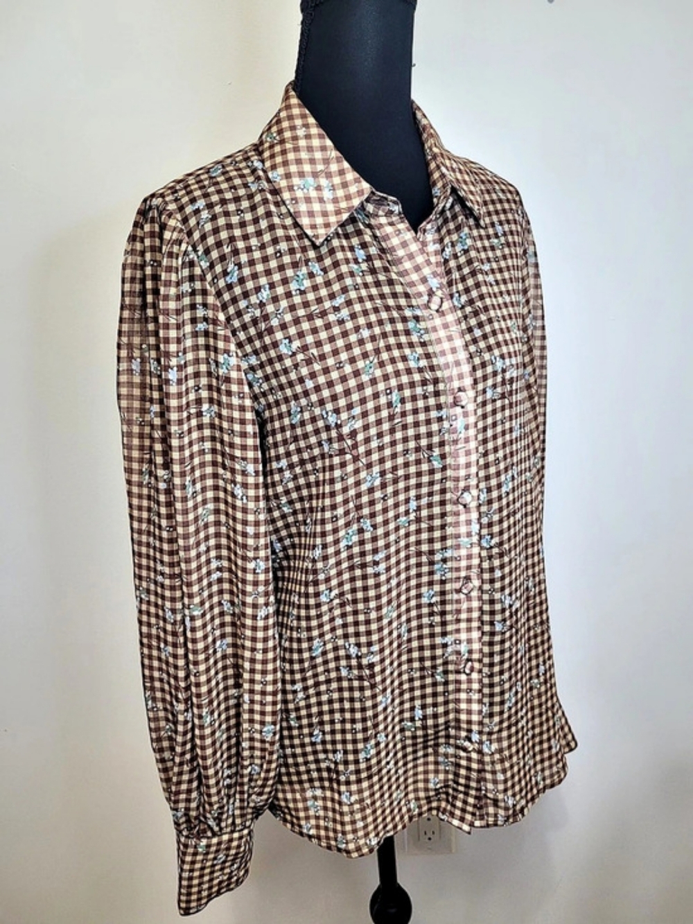 🍂 Icône par Simons Gingham Floral Sheer Button Down Blouse Brown M